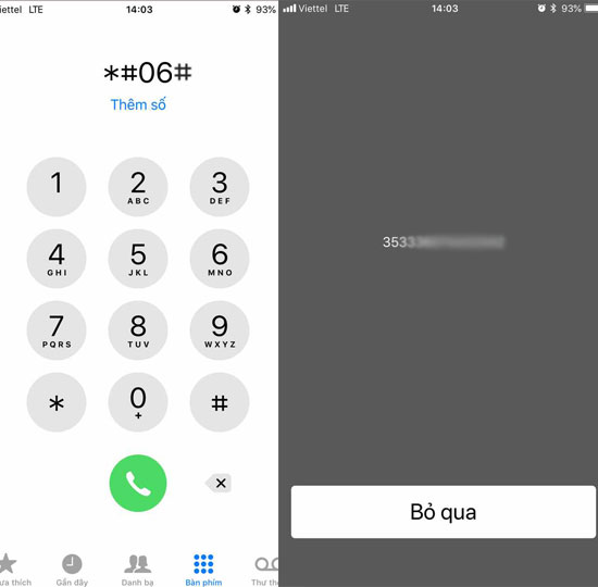 ​Từ bàn phím quay số bấm *#06# IMEI sẽ hiện ra