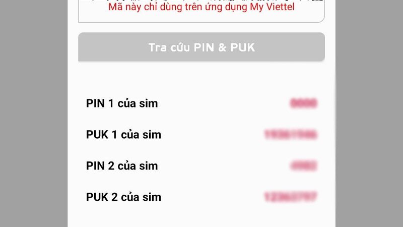 Mã PIN 1, PIN 2, PUK 1 và PUK 2 hiển thị