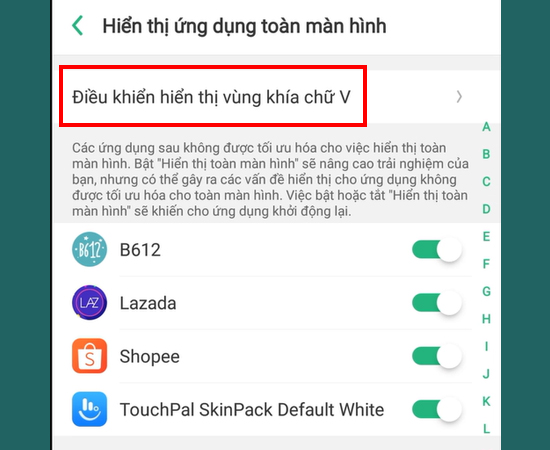 Bước 3: Chọn Điều khiển hiển thị vùng khía chữ V.