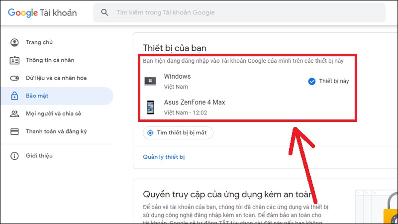 Các thiết bị đang đăng nhập Gmail sẽ hiển thị tại đây