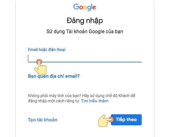 Nhập tên tài khoản google rồi bấm tiếp theo