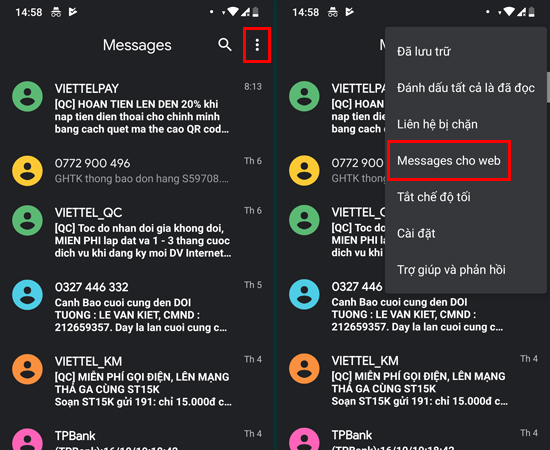 Bước 2: Chọn dấu ba chấm rồi sau đó nhấp vào Messanges cho web.