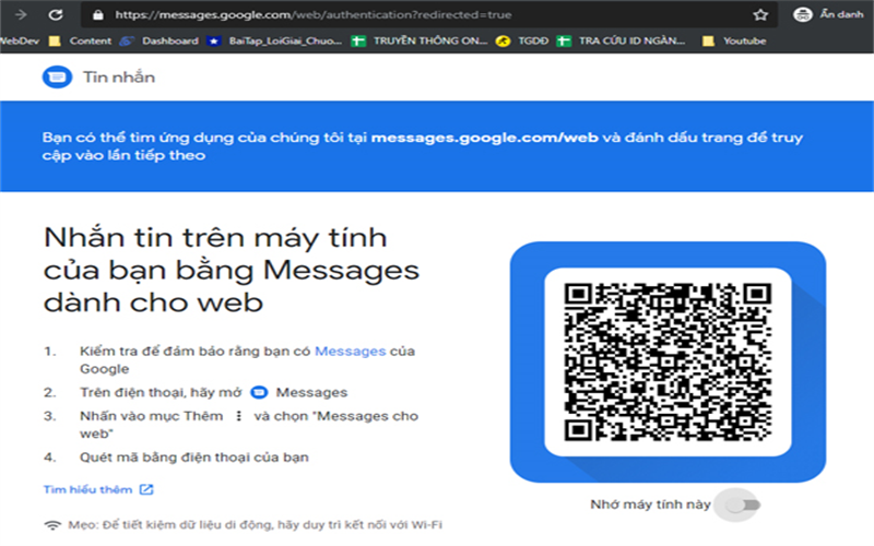 Bước 3: Từ trình duyệt máy tính bạn truy cập vào link sau https://messages.android.com/.