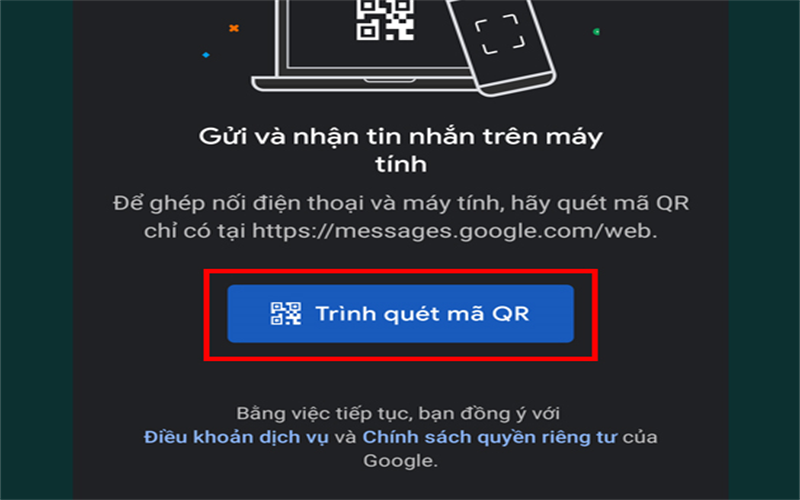 Bước 4: Trên điện thoại bạn chọn Trình quét mã QR và tiến hành quét mã hiển thị trên máy tính để đồng bộ tin nhắn.