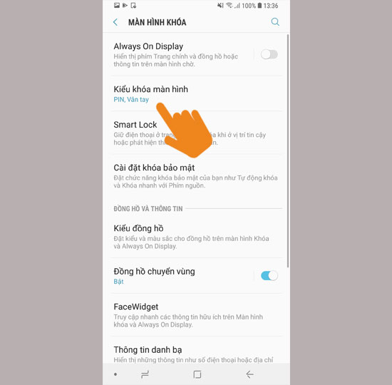 Vào kiểu khóa màn hình
