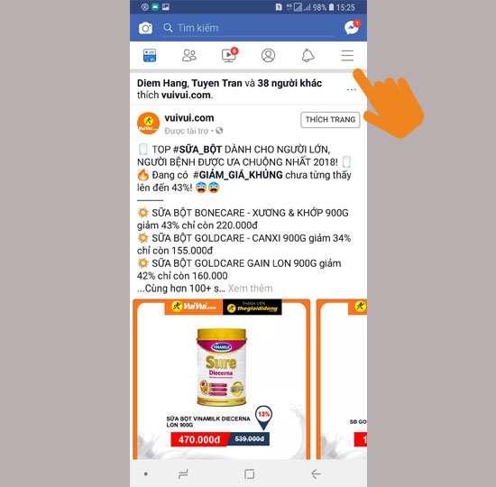 Chọn tùy chọn trong ứng dụng Facebook