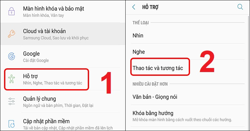 Chọn Hỗ trợ và chọn mục Thao tác và tương tác