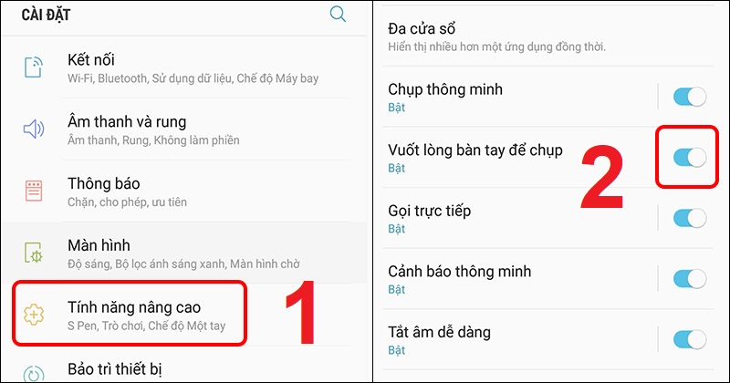 Chọn mục Tính năng nâng cao và bật Vuốt lòng bàn tay để chụp