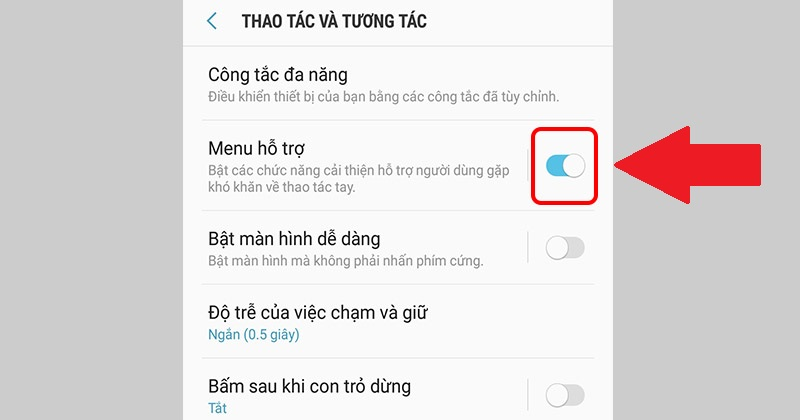 Bấm bật Menu hỗ trợ