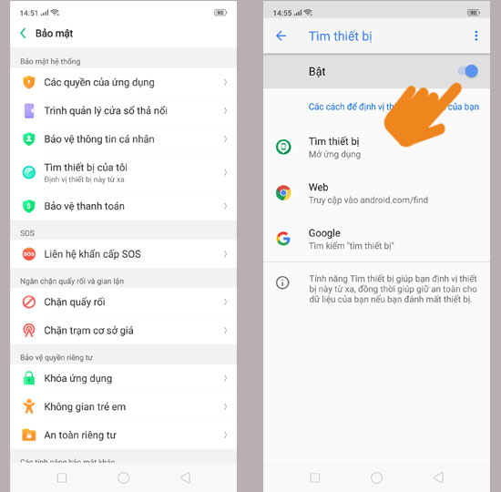 Cài đặt -- Bảo mật -- Vị trí 