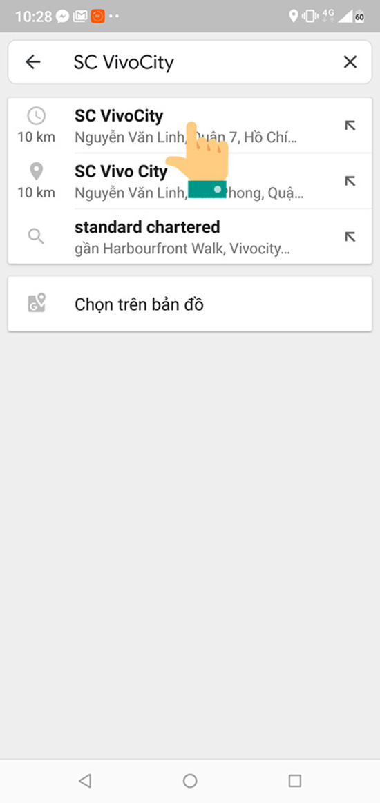 Nhập và chọn vị trí bạn muốn đến