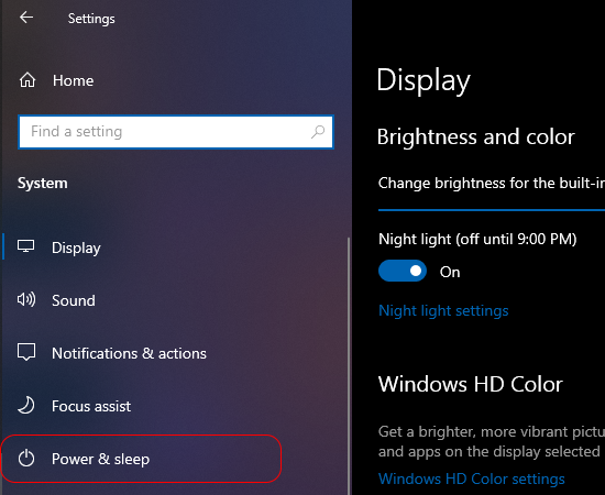 Tiếp tục chọn Power & Sleep