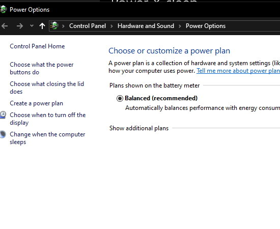 giao diện power options hiện lên như bảng