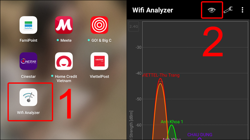 Chọn biểu tượng con mắt trên Wifi Analyzer