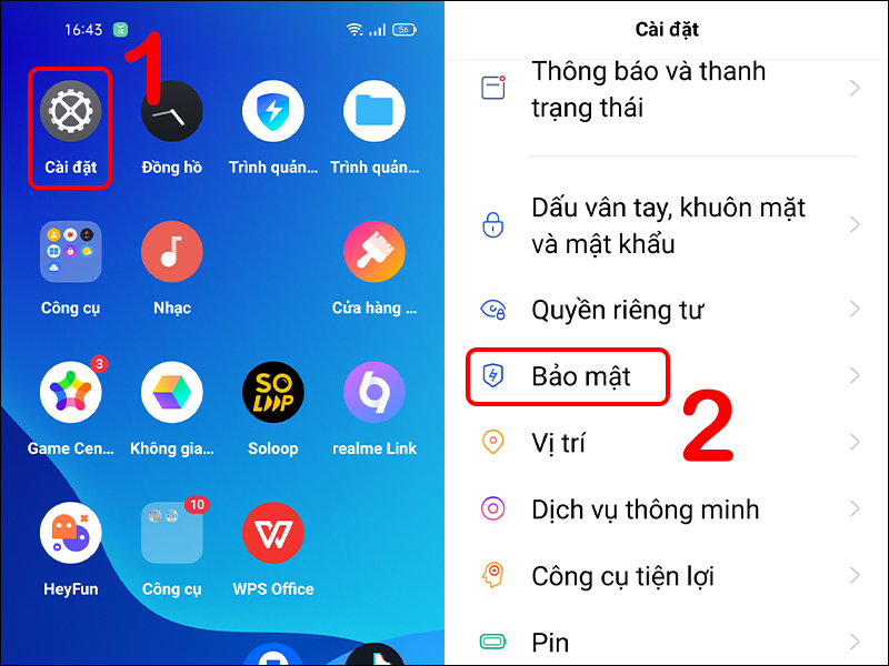 Chọn Bảo mật trong Cài đặt điện thoại