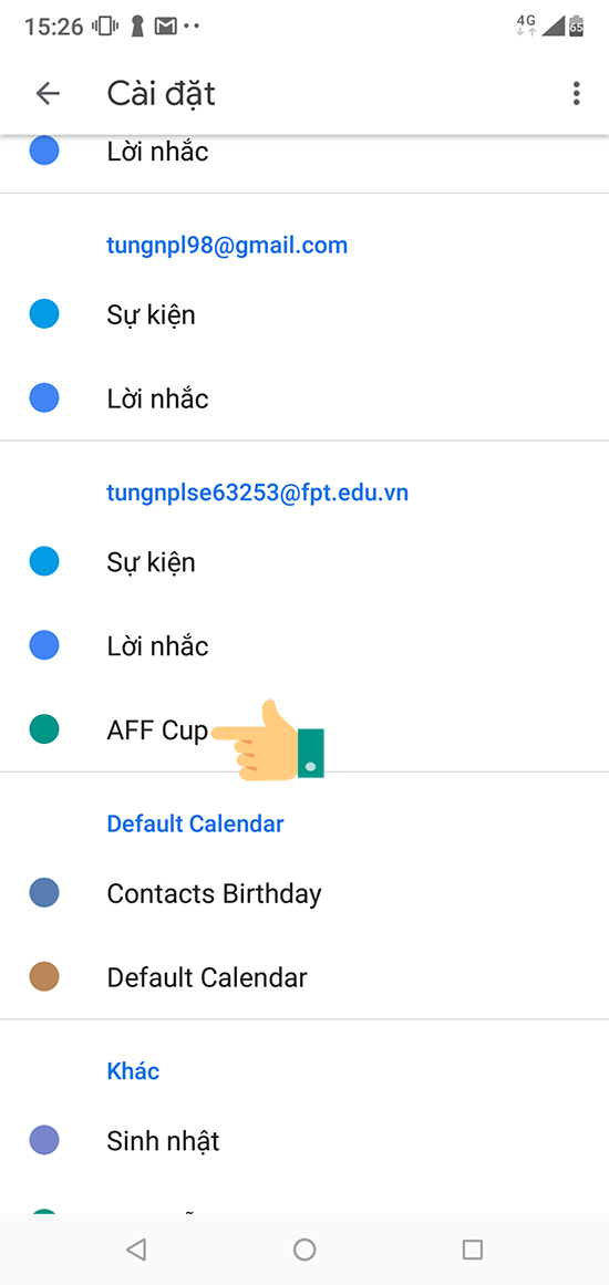 Các bạn cuộn đến tài khoản đã thêm lich trên máy tính, chọn 