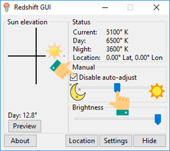 Tick vào ô trống trước mục Disable auto-adjust và tiến hình tùy chỉnh màu nhiệt độ màn hình tùy vào thời điểm sáng hoặc tối.