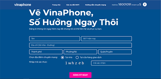 Form đăng kí thông tin của Vinaphone