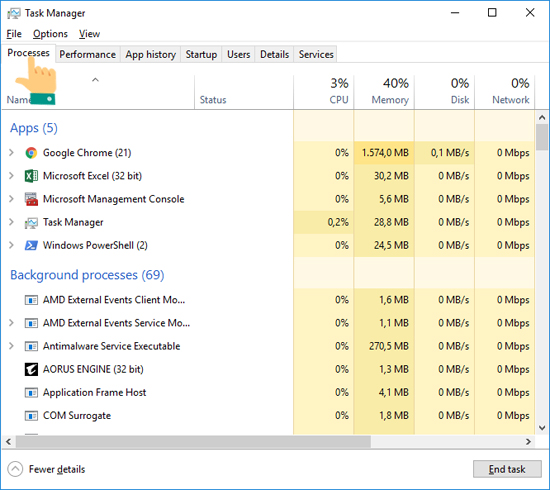 Cửa sổ Task Manager hiện lên, các bạn mục 