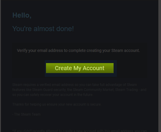Bước 4: Click vào email mới từ steam để xác nhận tài khoản bằng cách nhấn vào creat my account