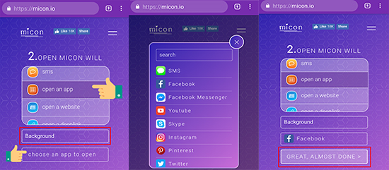  chọn tác vụ khi mở ứng dụng, đặt tên cho ứng dụng và nhấn vào Chọn ứng dụng > Facebook > OK để tiếp tục.