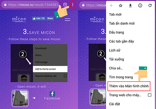 Chọn biểu tượng ở góc phải màn hình bên trên và chọn Thêm vào màn hình chính