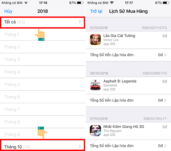 Chọn tất cả hoặc th&aacute;ng m&agrave; bạn muốn xem lịch sử, th&ocirc;ng tin chi tiết về sản phẩm, ng&agrave;y mua v&agrave; gi&aacute; mua sẽ hiện l&ecirc;n.