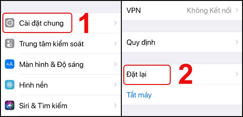 Tìm và chọn Đặt lại trong Cài đặt chung