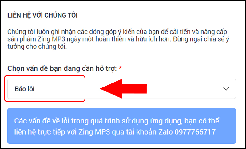 Báo lỗi tại trang web của Zing MP3