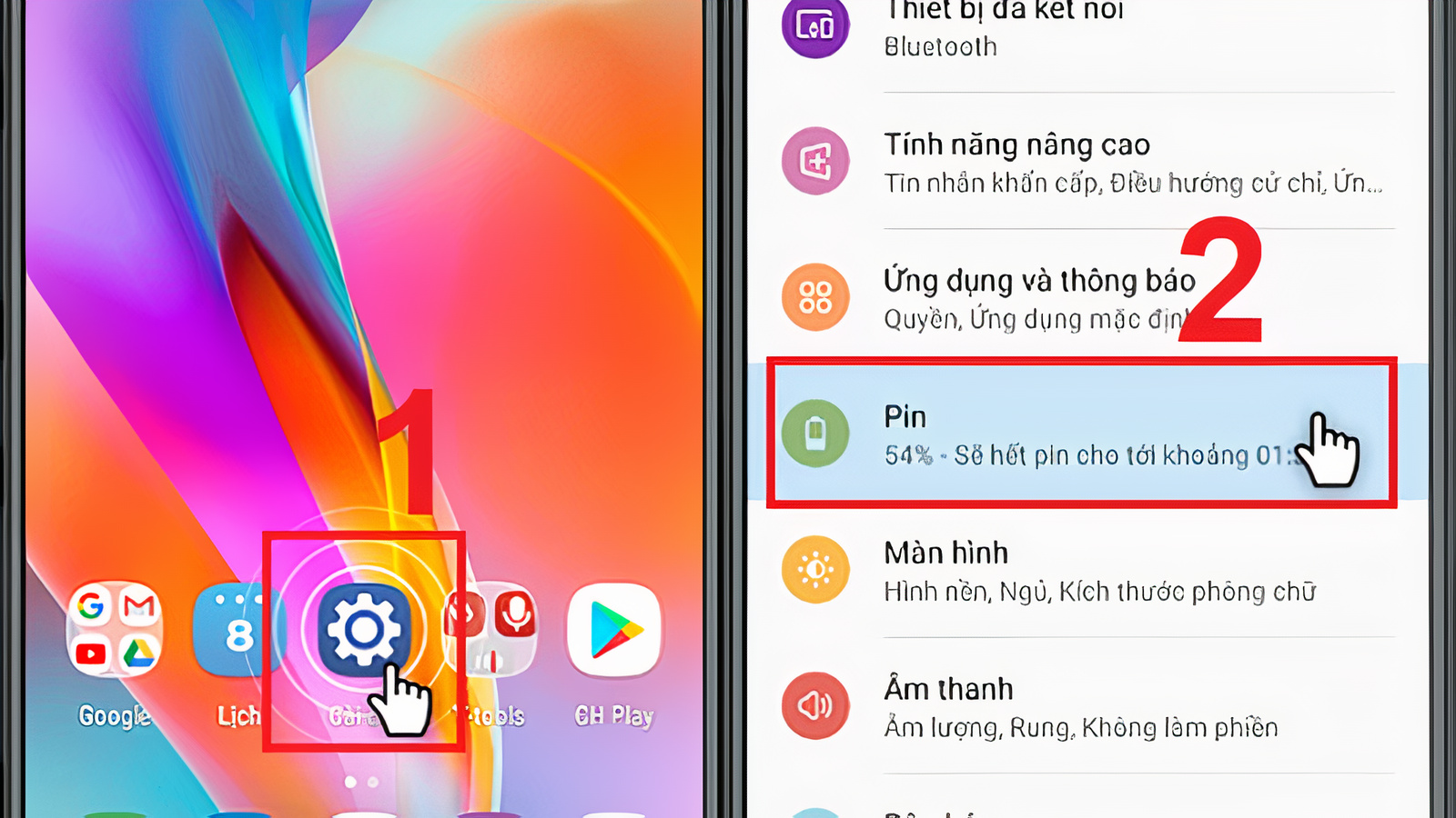 Vào Cài đặt > Chọn mục Pin