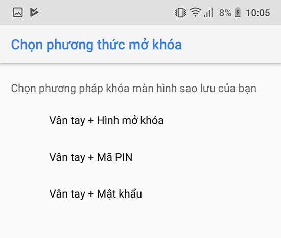 Tiếp theo các bạn chọn phương thức mở khóa mà bạn muốn