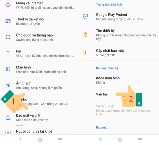 bạn chọn "Bảo mật vị trí" >> chọn "Vân tay"