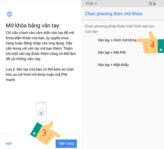 bạn chọn "Tiếp theo" >> nhấp vào "Vân tay + Hình mở khoá"