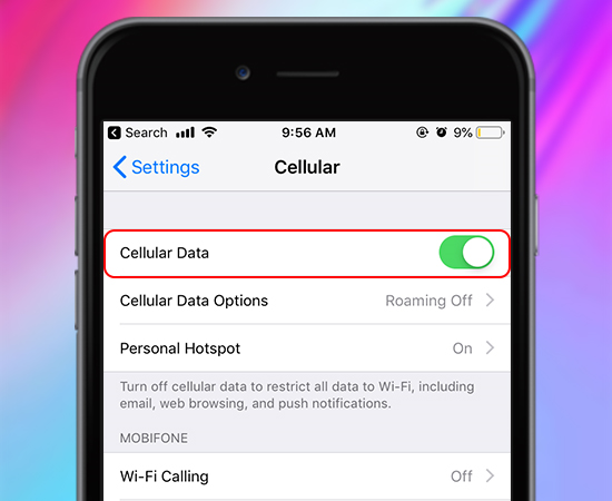 Ngay tại mục Cellular này các bạn bật 3G/ 4G