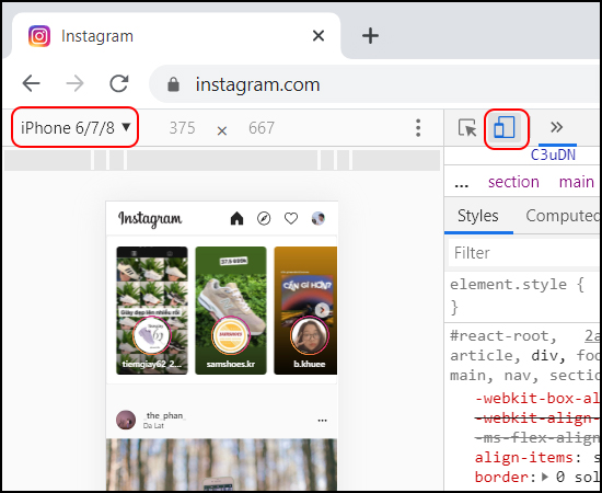 Chọn Toggle device toolbar (Ctrl+Shift+M) -> Chọn thiết bị di động