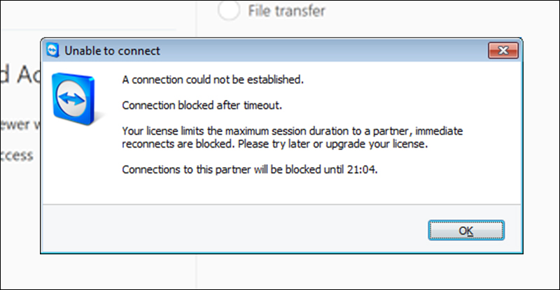 Time limit error message on Teamviewer