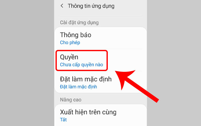 Chọn mục Quyền 