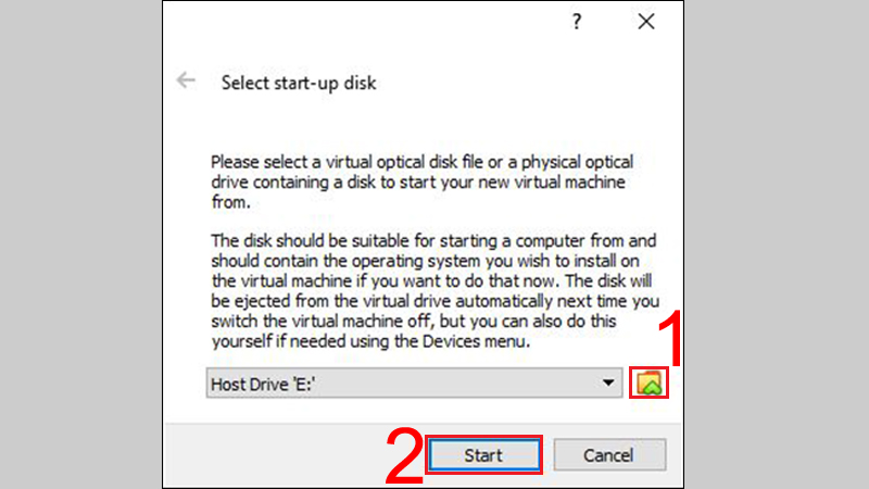 Chọn vào biểu tượng màu vàng dẫn đến nơi chứa File ISO của hệ điều hành đó > Nhấn Start để bắt đầu quá trình cài đặt.