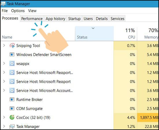 Nhấn tổ hợp phím CTRL + SHIFT + ESC để mở Task Manager và chuyển qua tab Perfomance