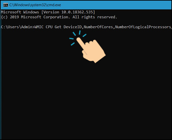 Nhập lệnh WMIC CPU Get DeviceID,NumberOfCores,NumberOfLogicalProcessors 