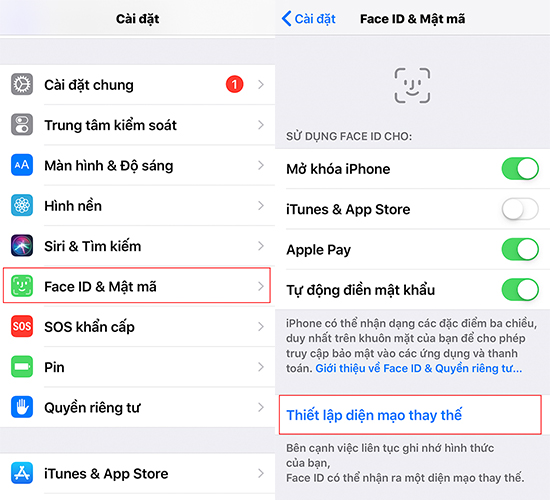 Thiết lập thêm khuôn mặt thay thế