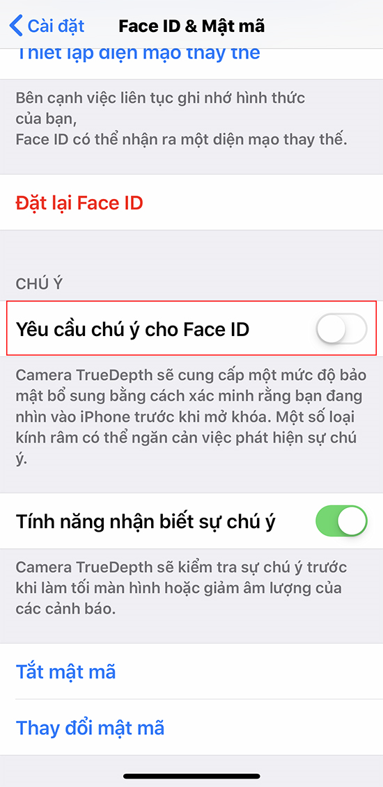 Tắt chế độ "Yêu cầu chú ý cho FaceID"
