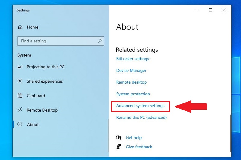 Nhấp chọn Advanced system settings