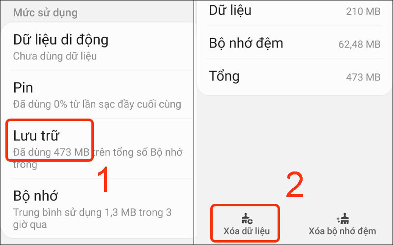 Chọn Lưu trữ rồi chọn Xóa dữ liệu