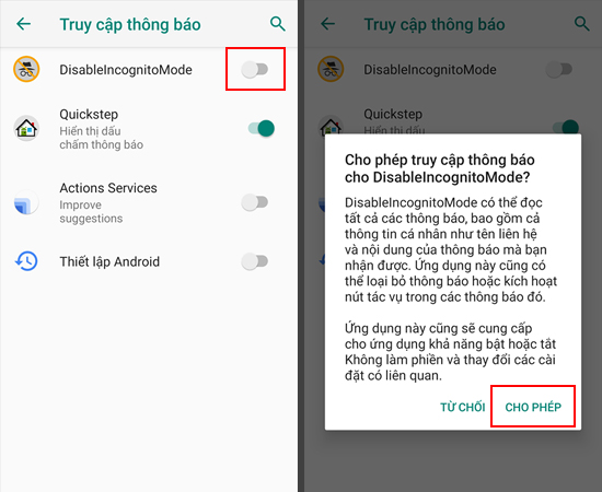 Bước 3: Cho ph&eacute;p ứng dụng truy cập th&ocirc;ng b&aacute;o.