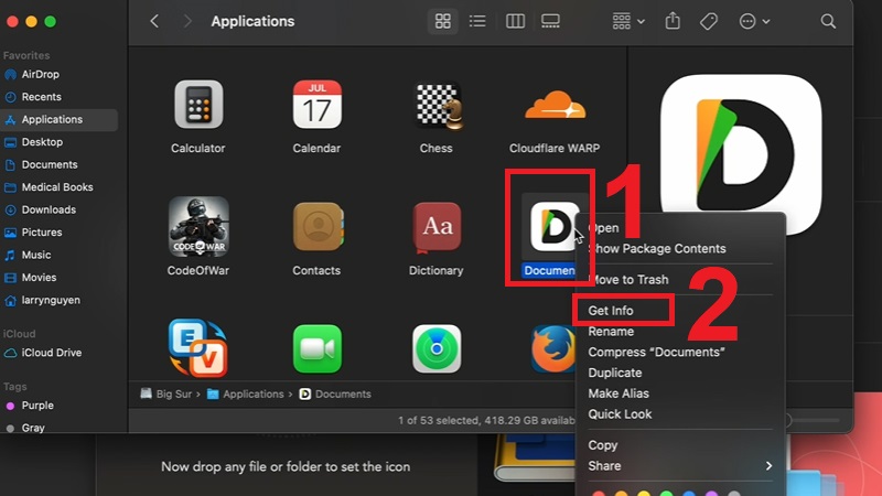 Nhấn chuột phải v&agrave;o ứng dụng muốn đổi h&igrave;nh biểu tượng rồi chọn Get Info