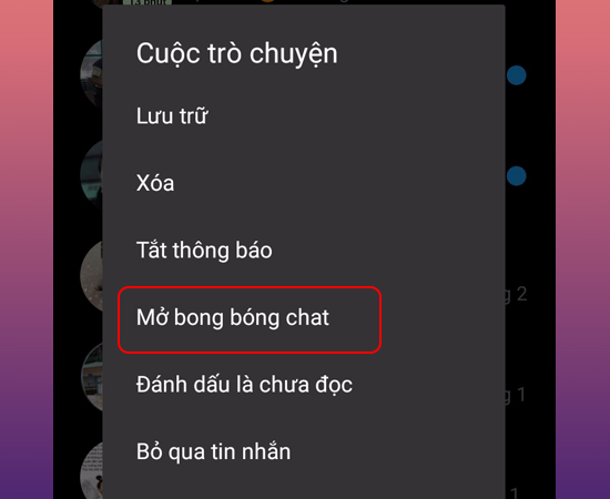 Chọn Mở bong bóng chat