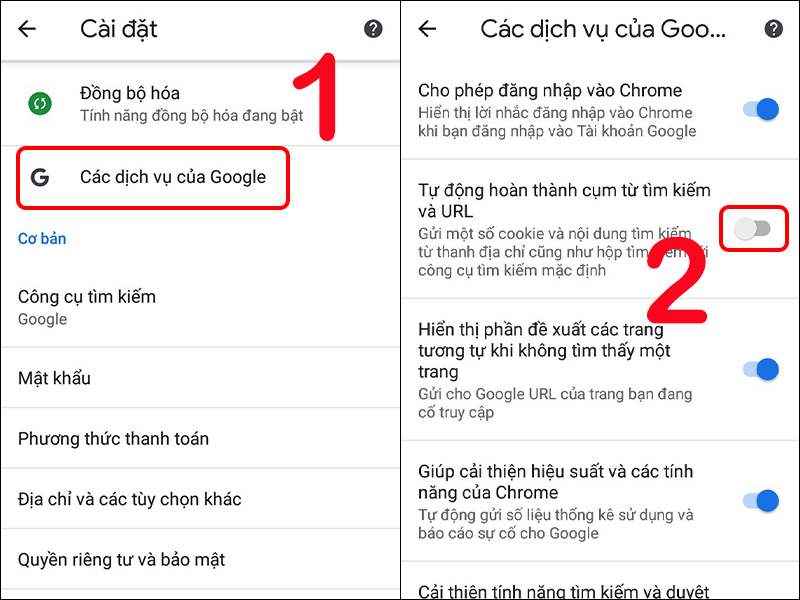 Tắt mục Tự động hoàn thành cụm từ tìm kiếm và URL