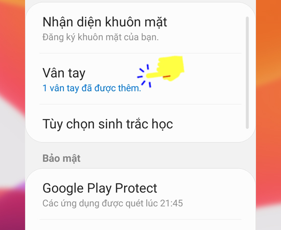 Bước 2: Sau đ&oacute; bạn h&atilde;y chọn V&acirc;n tay tại đ&acirc;y.