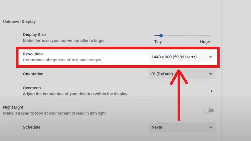 Độ phân giải màn hình Chromebook của bạn sẽ hiển thị trong Độ phân giải.  ngăn